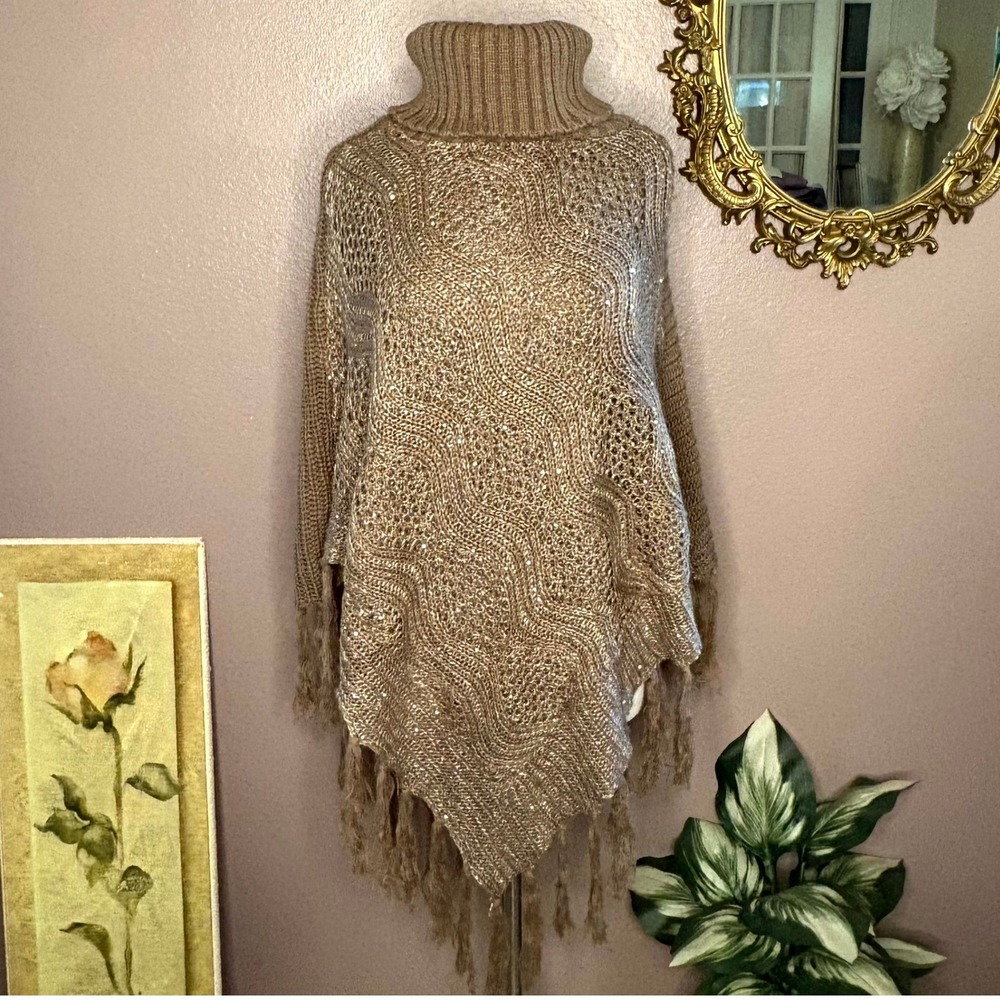 Azz Trading Inc Turtleneck Poncho Sweater Sequins Fringe Tan Knit‎